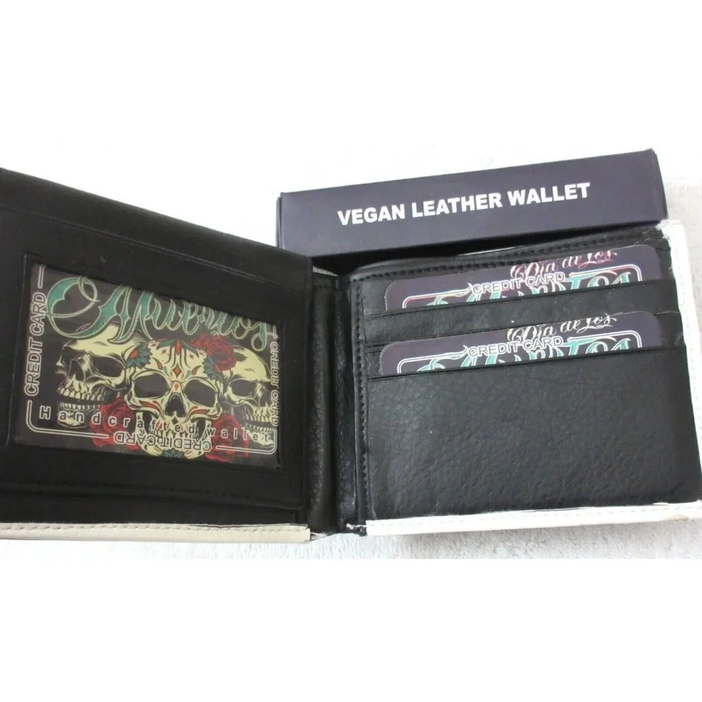 Day of The Dead Dia De Los Muertos Skull Rose Print Bi-Fold Vegan Leather Wallet
